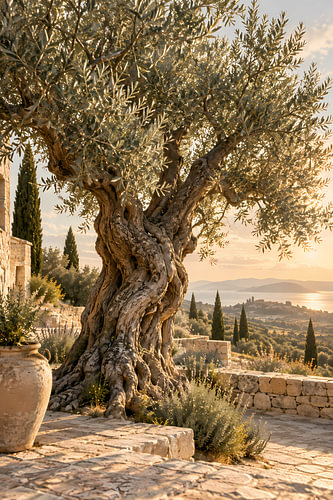An old olive tree at sunset | Mediterranean landscape with a sea view & ous cypress trees | Portrait-format poster