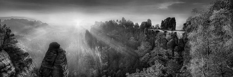 Sunrise in Saxon Switzerland in black and white. by Manfred Voss, Black-White Photography