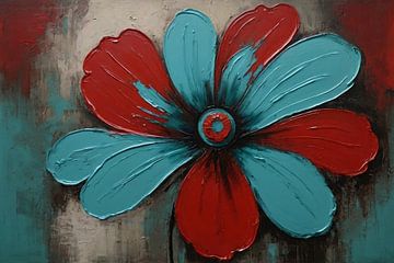 Tableau abstrait de fleurs turquoise et rouges sur De Muurdecoratie