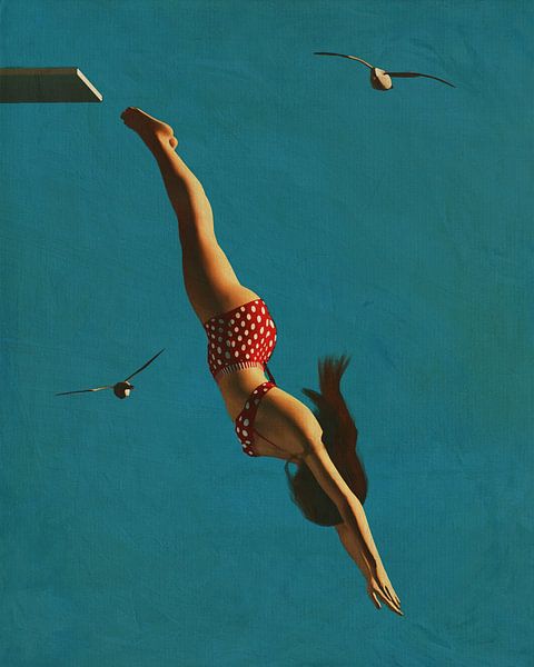 Peinture de style rétro d'une fille plongeant dans la mer par Jan Keteleer