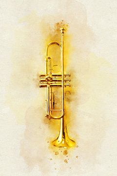 Trompet in Levendige Waterverf - Glimmend Gouden Messing Muziekinstrum van Andreea Eva Herczegh