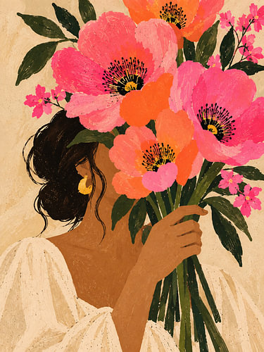 Woman with a bouquet of poppies – Boho summer flowers