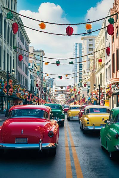 Vintage Autos in einer Stadtstraße von Poster Art Shop