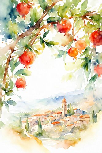 Sunny landscape with a pomegranate tree and a village (AI) (cheerful, summer, holiday vibe, fresh, colourful)