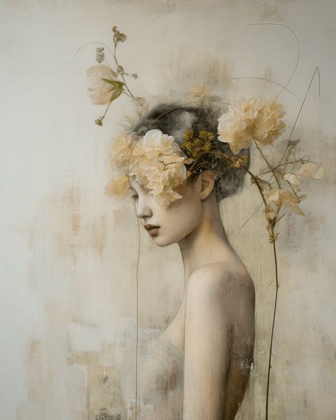 Portret met bloemen in wabi-sabi stijl van Carla Van Iersel