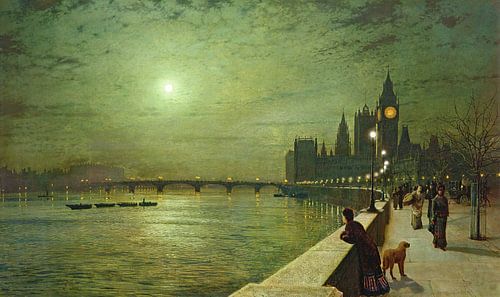 Reflecties op de Theems, Westminster, John Atkinson Grimshaw