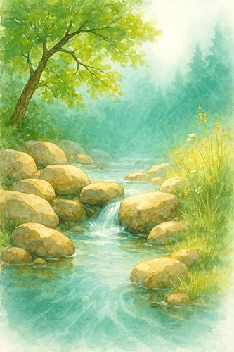 Landschap met rivier en grote keien (AI) (schilderij, bos, vrijheid, rust, natuur, kabbelend beekje, aquarel, rustgevend, stil, meditatie, zen)