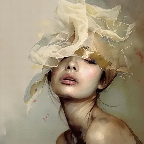 Frauenporträt mit Nebelschleier und Gewitter - Aquarell von Joyce de Jong