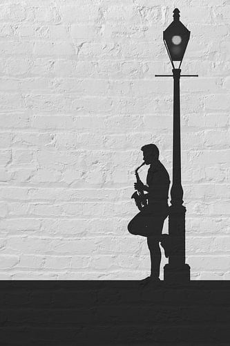 Street musician with saxophone in silhouette, a triptych part 2