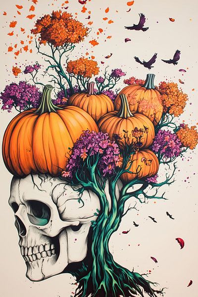 Moderne Halloween-Kunst mit Schädel und Kürbissen von Mel Digital Art