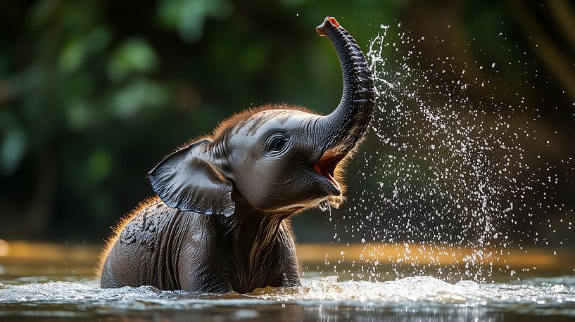 Bébé éléphant enjoué pulvérisant de l'eau par Lisa Bovenlander