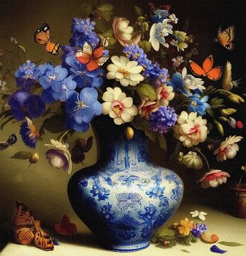 Delfts blauw stilleven met bloemen en vlinders van Gisela- Art for You