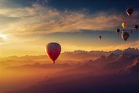Montgolfière au-dessus d'une montagne avec coucher de soleil