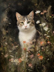 Chat rayé parmi les fleurs sauvages