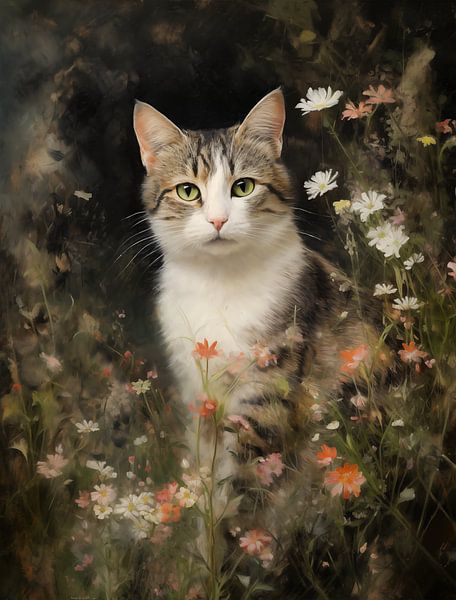 Gestreepte Kat tussen Wilde Bloemen van Emil Husstege