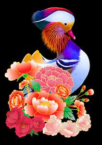 Mandarin duck among lotus flowers