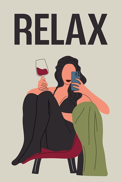 Relax Wine Poster – Modern Illustration – Wine Lover Decor – Minimalist Wall Art with Feminine Style by Marian Nieuwenhuis