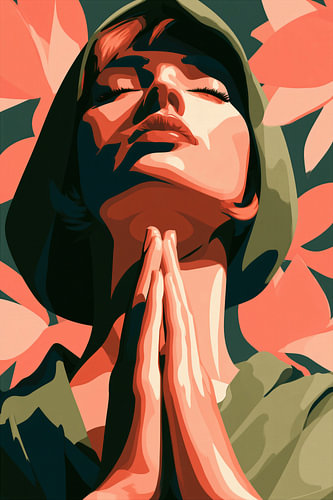 Spiritual Glow – Modern Portrait of a Woman with Meditating Hands