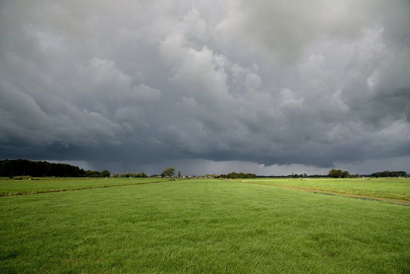Bedrohliche dunkle Gewitterwolken über grüner Polderlandschaft von Arjen Tjallema