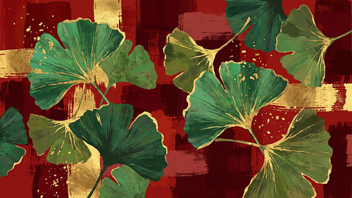 Feuilles de ginkgo sur une toile cramoisie