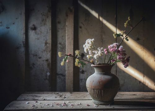 Vintage vaas met gekleurde bloemen