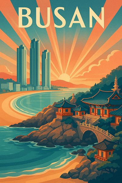 Busan Sunset Serenity – Korean Coastline Art Deco Poster by Travel Shop