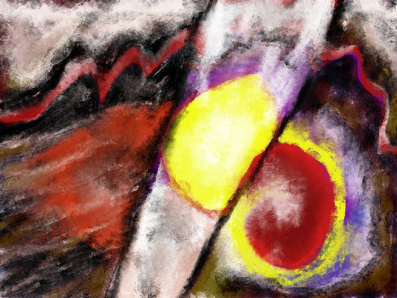 Broken Sun - abstract art, yellow, red, white by Nelson Guerreiro