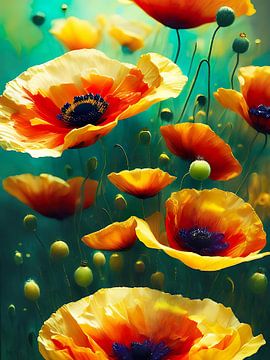 Poppies in yellow orange, emerald and turquoise by Retrotimes