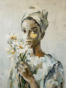 Woman with Flowers and Headscarf