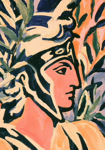 An abstract portrait of Athena wearing a laurel wreath