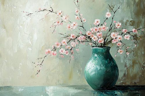 Branches fleuries dans un vase turquoise
