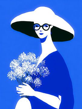 Frau mit Hut und Blumen - elegante minimalistische Mode-Illustration