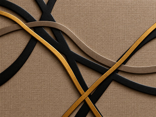 Œuvre d'art abstraite chic et moderne, aux tons dorés et noirs, avec une texture de lin