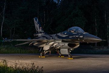 Dark Falcon in the night! Beautiful F-16 demo aircraft of the Belgian Air Force which was photograph by Jaap van den Berg