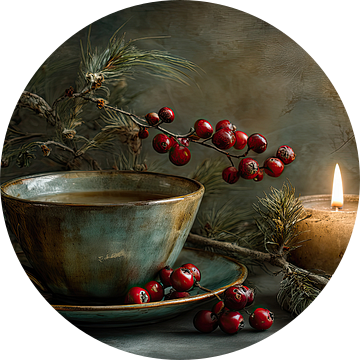 Theekop met Bessen en Kaarslicht - Warm Stilleven van Joriali Fine Art