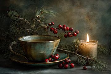 Teacup with Berries and Candlelight - Warm Still Life by Joriali photography and paintings