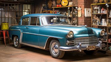 Oude blauwe retro auto geparkeerd in de werkplaats van de monteur van Animaflora PicsStock