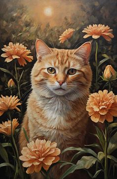 Chat orange parmi les soucis en fleurs sur De Muurdecoratie