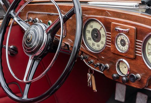 Nostalgische cockpit van een oude klassieke auto, met snelheidsmeter