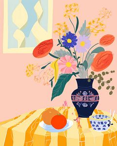 Bunt illustriertes Stillleben mit Blumen