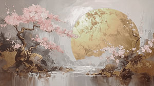 Japandi-Kunst. Japanische Zen-Landschaft im Frühling
