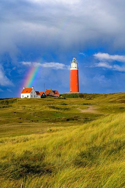 Texel Leuchtturm in den Dünen mit einem Regenbogen von Sjoerd van der Wal Fotografie