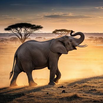 Olifant in Savanne bij zonsondergang