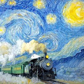 Dampflokomotive in Sternennacht – Nostalgisches Gemälde von Peter Pen Zeichnungen und Gemälde