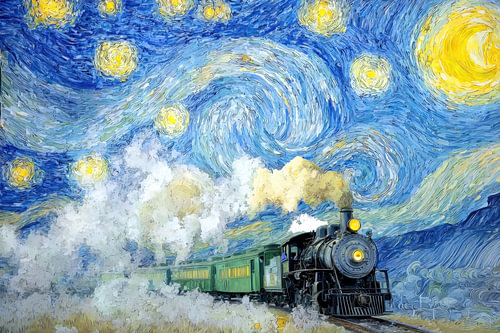 Steam Train in Starry Night - Nostalgic Painting