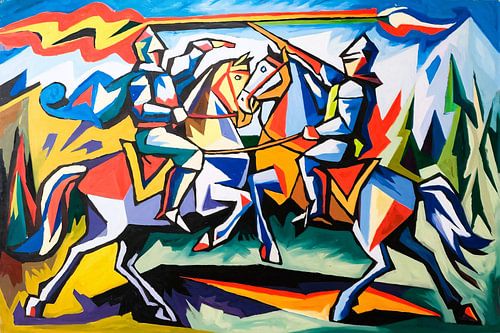 Kleurrijk abstract riddergevecht schilderij