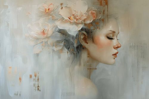 Modern portret met bloemen in pastelkleuren