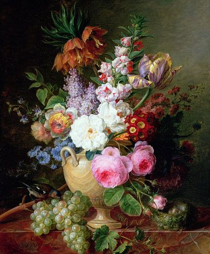 Cornelis van Spaendonck,Stilleven met bloemen en druiven