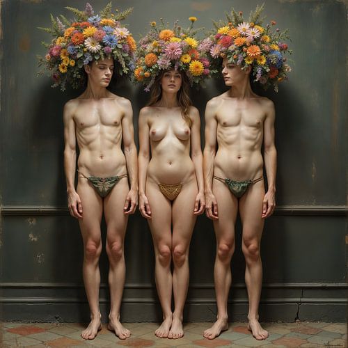 Naakt Trio met Boeket
