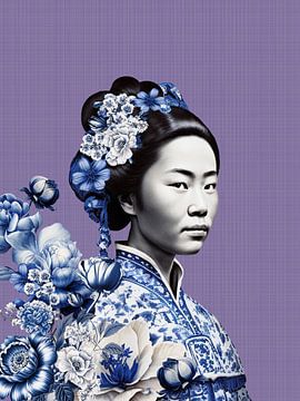 Japanse vrouw in Delfts blauw op Lila, paarse achtergrond, moderne variatie op een Geisha portret van Mijke Konijn